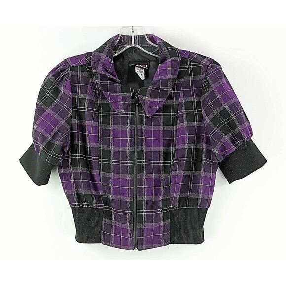 Digit@l Sz S Purple Black Silver Plaid Poly Blend S Sleeve Zip Front Jacket - Picture 2 of 5